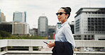 Business, woman and walking with phone in city for travel, work trip or outdoor commute. Female person, traveler or sightseeing with mobile smartphone for career or job opportunity in an urban town