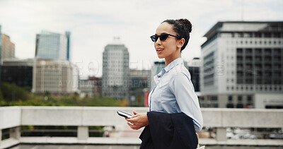 Buy stock photo Business, woman and walking with phone in city for travel, work trip or outdoor commute. Female person, traveler or sightseeing with mobile smartphone for career or job opportunity in an urban town