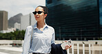 Thinking, real estate and woman in city, walking and vision for investment opportunity. Contemplation, employee or person in street, decision for urban location or property evaluation with reflection