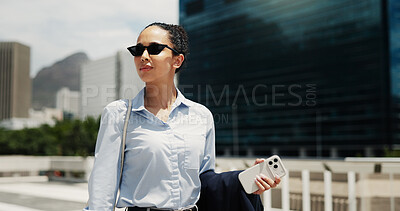 Buy stock photo Thinking, real estate and woman in city, walking and vision for investment opportunity. Contemplation, employee or person in street, decision for urban location or property evaluation with reflection