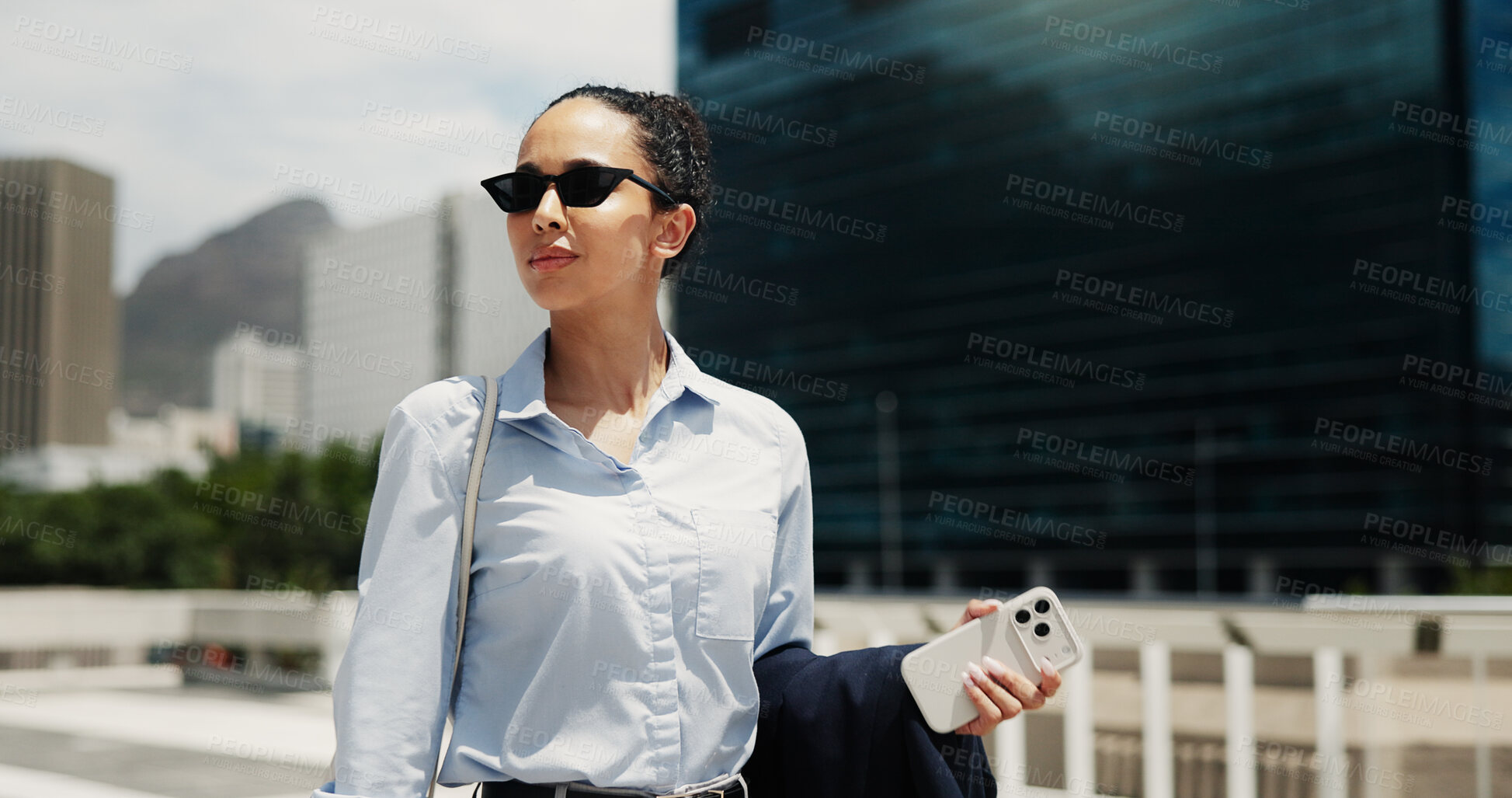 Buy stock photo Thinking, real estate and woman in city, walking and vision for investment opportunity. Contemplation, employee or person in street, decision for urban location or property evaluation with reflection
