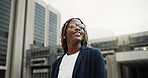 Thinking, real estate and black woman in street, smile and vision for investment opportunity. Low angle, employee or happy person in city, insight of urban location or property evaluation or choice