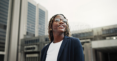 Buy stock photo Thinking, real estate and black woman in street, smile and vision for investment opportunity. Low angle, employee or happy person in city, insight of urban location or property evaluation or choice