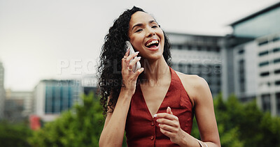 Buy stock photo Phone call, business and woman in city, funny and article publication with app for communication. Outdoor, person and journalist with cellphone, connection and chatting for interview and laughing