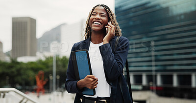Buy stock photo Happy, black woman or lawyer with phone call in city for communication, network or proposal. Female person, attorney or speaking with smile on mobile smartphone for business discussion in urban town