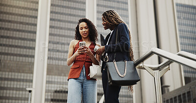 Buy stock photo Happy woman, phone and share in city with friends, discussion or chat for networking on commute. People, outdoor and social media on smartphone, mobile app or talk in low angle on trip in urban town