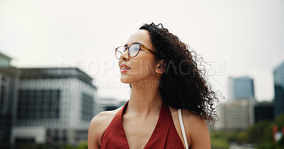 Buy stock photo Business, woman and thinking in city with glasses, urban development or vision for real estate career. Realtor, person and commute outdoor in town with thought, reflection or property investment idea