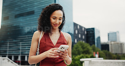 Buy stock photo Business, woman and chatting with phone in city for communication, social media or network. Female person, travel or texting with smile on mobile smartphone or app for connection in an urban town