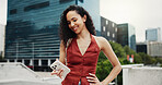 Happy woman, phone and texting in city on travel with contact, schedule or booking taxi on commute. Person, smile and smartphone with mobile app, scroll and social network for trip in urban town