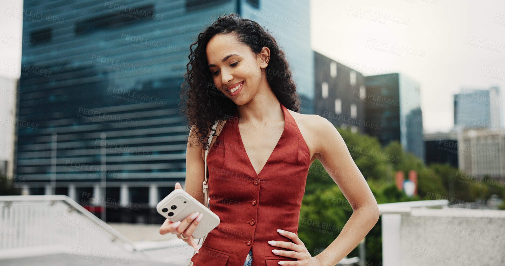 Buy stock photo Happy woman, phone and texting in city on travel with contact, schedule or booking taxi on commute. Person, smile and smartphone with mobile app, scroll and social network for trip in urban town