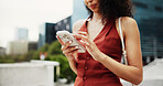 Business, woman and hands typing with phone in city for communication, social media or network. Female person, travel or texting with mobile smartphone or app for connection or chat in an urban town