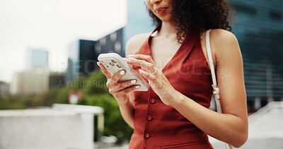 Buy stock photo Business, woman and hands typing with phone in city for communication, social media or network. Female person, travel or texting with mobile smartphone or app for connection or chat in an urban town