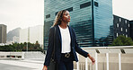 Thinking, real estate and black woman in city, walking or vision for investment opportunity. Decision, employee or African person in street, insight of urban location or property evaluation or choice