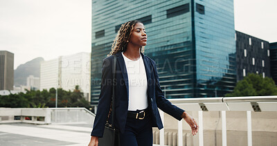 Buy stock photo Thinking, real estate and black woman in city, walking or vision for investment opportunity. Decision, employee or African person in street, insight of urban location or property evaluation or choice