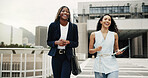 Businesswoman, smile and friends in city on walk, commute and excited for property management career. People, team and real estate agent with partner, laugh and funny story with trip in urban town