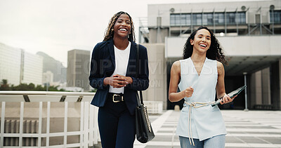 Buy stock photo Businesswomen, smile and friends in city on walk, commute and excited for property management career. People, team and real estate agent with partner, laugh and funny story with trip in urban town