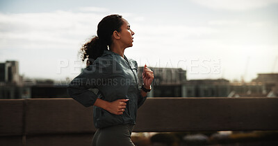 Buy stock photo Exercise, woman and running for fitness in city with health training, morning cardio or runner. Space, athlete and active with jog outdoor for sport performance, wellness challenge or workout routine