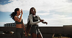 High five, runner and team with friends in city for workout target, health and achievement. Training goal, exercise challenge and fitness celebration with women for athlete, wellness and success