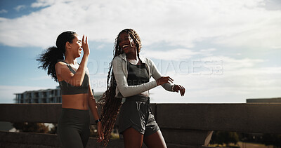 Buy stock photo High five, runner and team with friends in city for workout target, health and achievement. Training goal, exercise challenge and fitness celebration with women for athlete, wellness and success