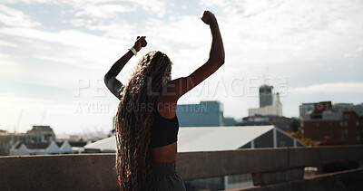 Buy stock photo Runner, woman and fitness celebration outdoor for running goal, cardio achievement or milestone. Active, back or athlete with fist pump in city for exercise target, health success or personal victory