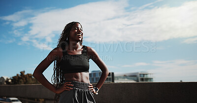 Buy stock photo Thinking, fitness and black woman in city, smile and reflection for progress, exercise and wellness. Outdoor, runner and African person with happiness, funny and workout for health benefits and pride