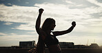 Athlete, celebration and happy woman with smart watch in city, success and excited for fitness goal. Outdoor, runner and black person with smile for achievement, mockup space and cheering for victory