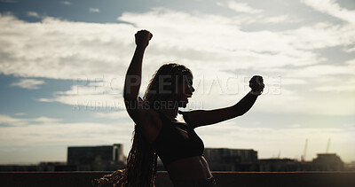 Buy stock photo Athlete, celebration and happy woman with smart watch in city, success and excited for fitness goal. Outdoor, runner and black person with smile for achievement, mockup space and cheering for victory