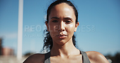 Buy stock photo Fitness, portrait or woman in city with pride, space or rest after physical activity. Sports, serious or female person outdoor with confidence, active hobby or performance break in New Zealand.