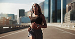 Athlete, woman and running for exercise in city with pace training, morning cardio and fitness. Active runner, black girl or jog on bridge for sport performance, wellness challenge and health workout