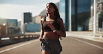 Athlete, woman and running for workout in city with pace training, morning cardio and fitness. Active runner, black girl or jog on bridge for sport performance, wellness challenge and health exercise
