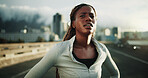 Tired, woman and thinking of fitness in city with cardio burnout, intense workout and breathing. Break, black girl and athlete fatigue on bridge for running recovery, contemplating exercise or health