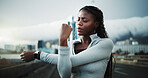 Fitness, preparation or black woman in city with stretch, arm mobility or injury prevention in physical activity. Sport, space or person in town with start, shoulder or muscle improvement in warm up.