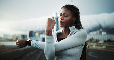 Buy stock photo Fitness, preparation or black woman in city with stretch, arm mobility or injury prevention in physical activity. Sport, space or person in town with start, shoulder or muscle improvement in warm up.