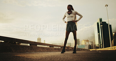 Buy stock photo Exercise, tired and black woman in city for fitness, cardio workout or rest on bridge. Female person, space or runner on break by sky with low angle, sports and fatigue outdoor on urban street