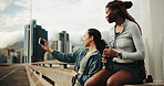 Women, friends and selfie for fitness, break and routine for outdoor training on street. City bridge, social media post and people with exercise for health, endurance or marathon practice together