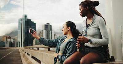 Buy stock photo Women, friends and selfie for fitness, break and routine for outdoor training on street. City bridge, social media post and people with exercise for health, endurance or marathon practice together