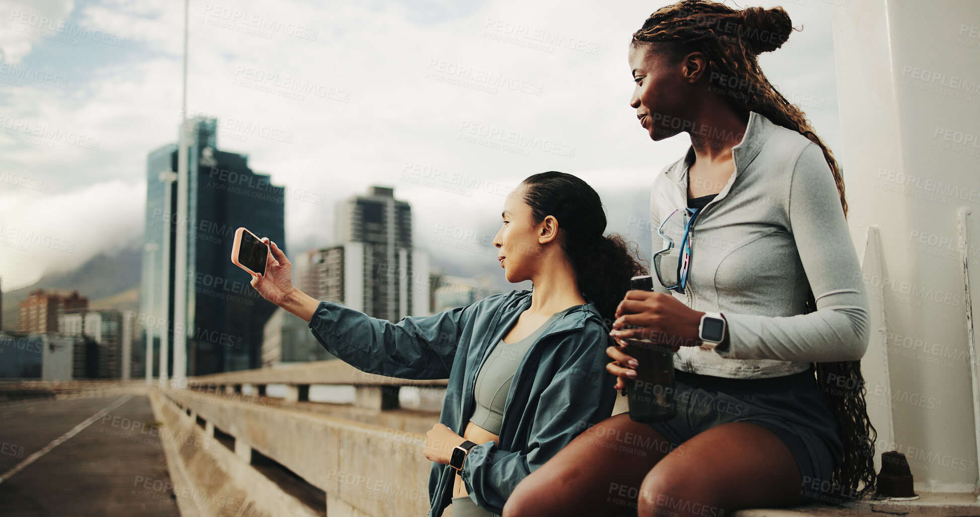 Buy stock photo Women, friends and selfie for fitness, break and routine for outdoor training on street. City bridge, social media post and people with exercise for health, endurance or marathon practice together