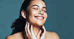 Touch, happy and woman with skincare for beauty, wellness glow aesthetic or soft texture for space. Facial shine, dermatology or person with smile for smooth skin, self care or studio background
