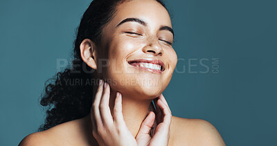 Buy stock photo Touch, happy and woman with skincare for beauty, wellness glow aesthetic or soft texture for space. Facial shine, dermatology or person with smile for smooth skin, self care or studio background