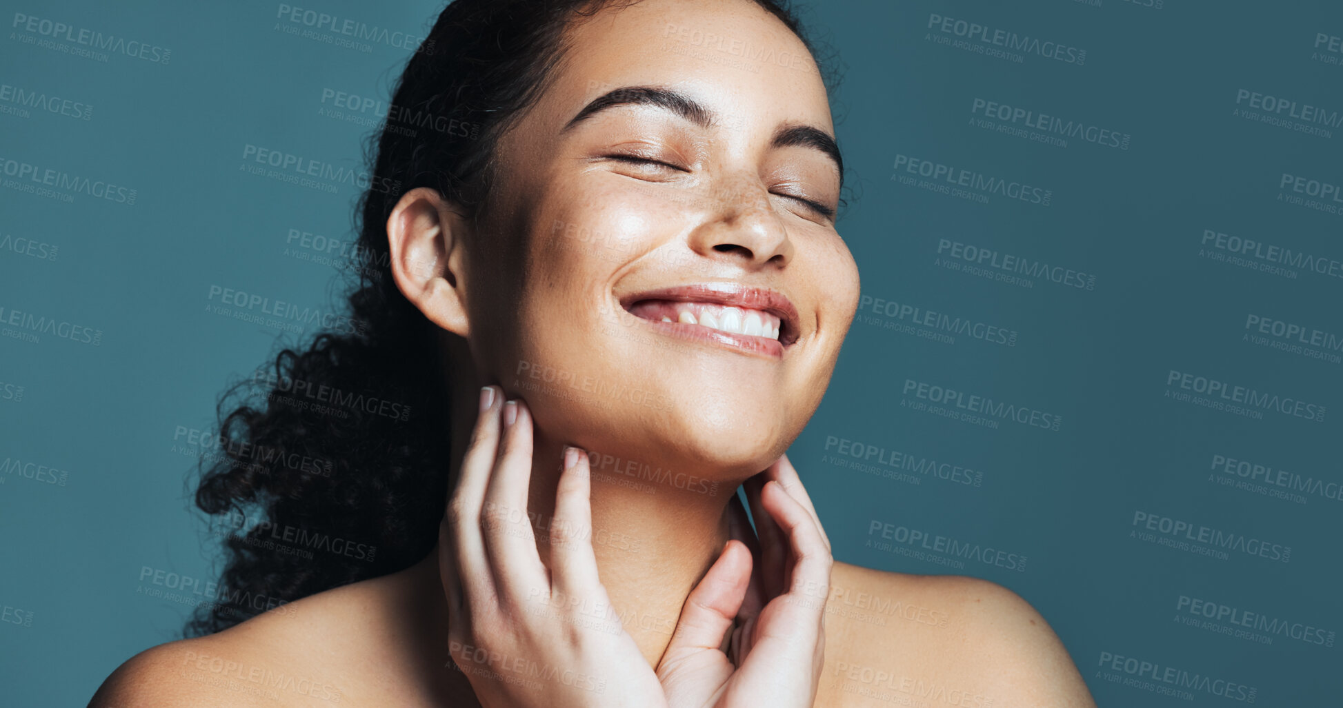 Buy stock photo Touch, happy and woman with skincare for beauty, wellness glow aesthetic or soft texture for space. Facial shine, dermatology or person with smile for smooth skin, self care or studio background