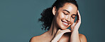 Skincare, beauty and happy woman with touch, wellness glow aesthetic and smooth texture for space. Facial shine, dermatology and person with banner for natural skin, self care and studio background