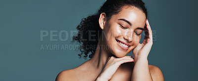 Buy stock photo Skincare, beauty and happy woman with touch, wellness glow aesthetic and smooth texture for space. Facial shine, dermatology and person with banner for natural skin, self care and studio background