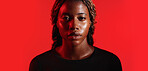 Portrait, fitness and black woman in studio with sweat, exercise break and recovery for wellness. Serious, active person and tired athlete with workout rest, stop training or relax on red background.
