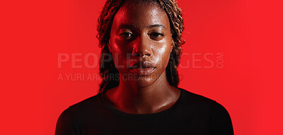 Buy stock photo Portrait, fitness and black woman in studio with sweat, exercise break and recovery for wellness. Serious, active person and tired athlete with workout rest, stop training or relax on red background.