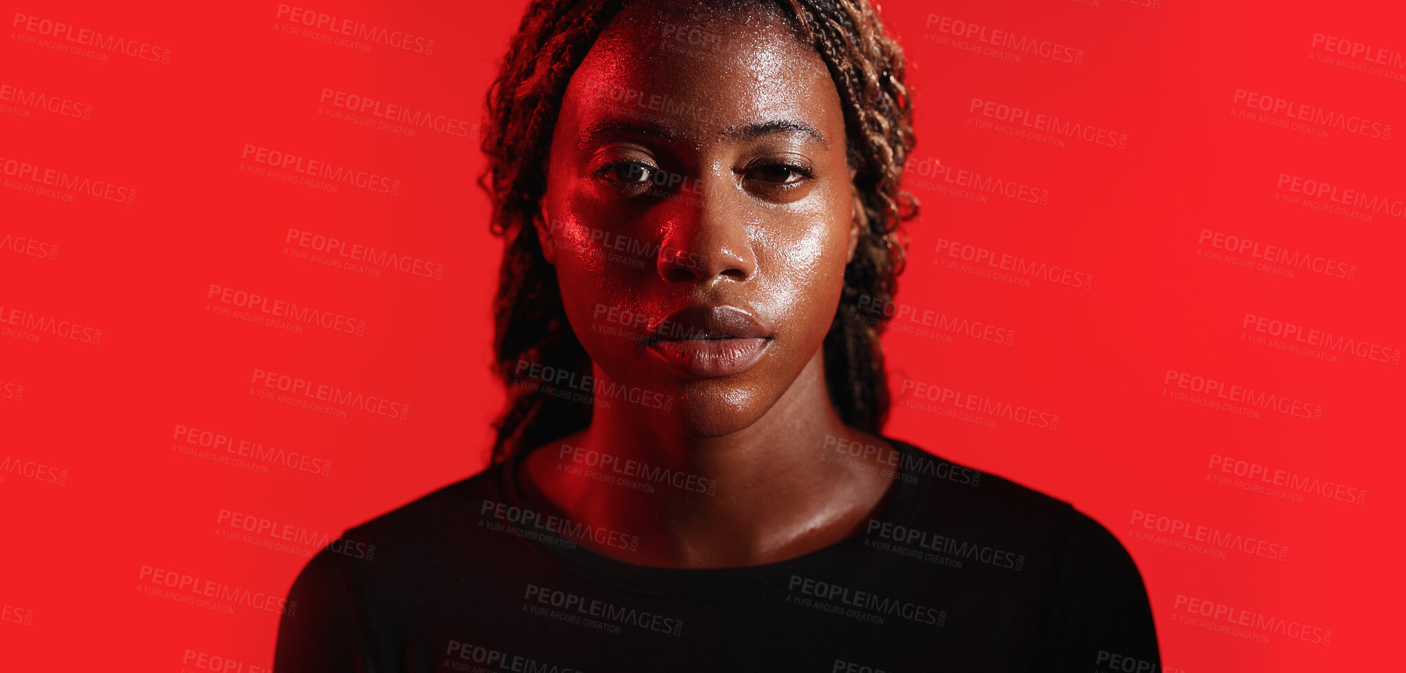 Buy stock photo Portrait, fitness and black woman in studio with sweat, exercise break and recovery for wellness. Serious, active person and tired athlete with workout rest, stop training or relax on red background.