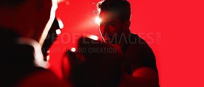 Buy stock photo Boxing, fitness and man in studio with gloves for training, workout or wellness with energy. Banner, sports and athlete with fight challenge for cardio exercise, health or practice by red background.