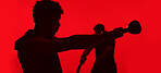 Fitness, collage or people in studio with strength training, kettlebell or battle rope in bodybuilding. Exercise, silhouette or athletes with equipment, joint workout or muscle gain on red background