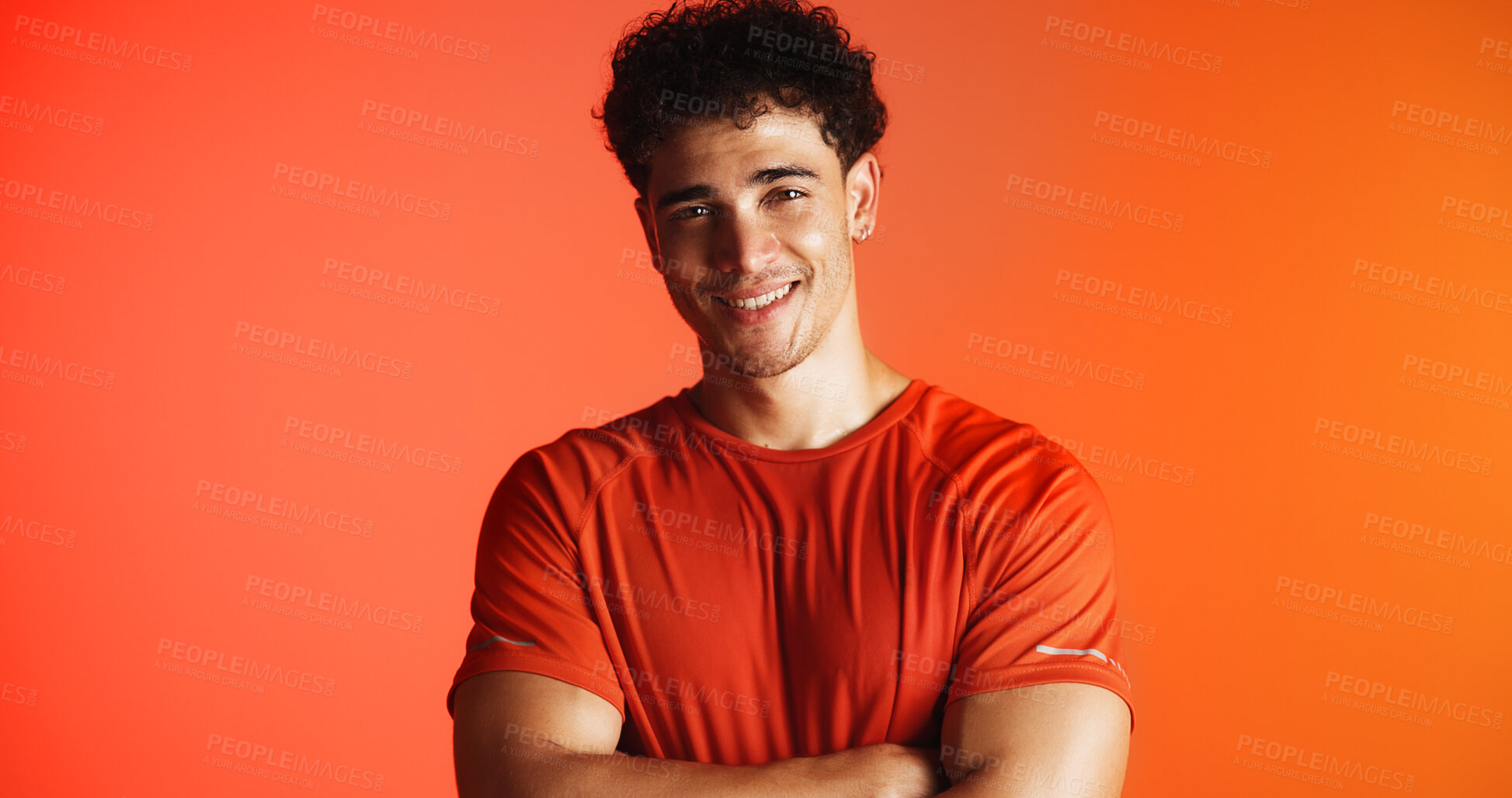 Buy stock photo Portrait, fitness and man on studio background with arms crossed, personal trainer job and wellness. Space, confident person and gym coach with workout break, pride and ambition for sports training.