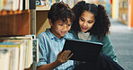 Education, student and tablet with children in library for back to school development, growth or study. App, learning and reading with learner friends at academy for future, knowledge or research