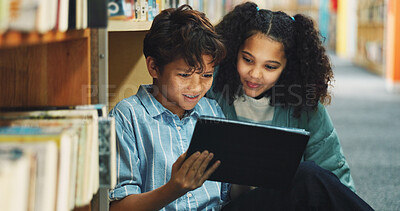 Buy stock photo Education, student and tablet with children in library for back to school development, growth or study. App, learning and reading with learner friends at academy for future, knowledge or research